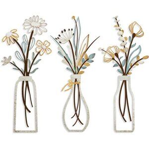 3 Pieces Metal Flowers Wall Arts -Rustic Farmhouse Decor Beige Minimalist Flower
